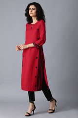 Women's Red Geometric Printed Keyhole Neckline Rayon Straight Kurta