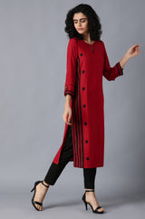 Women's Red Geometric Printed Keyhole Neckline Rayon Straight Kurta
