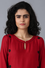 Women's Red Geometric Printed Keyhole Neckline Rayon Straight Kurta
