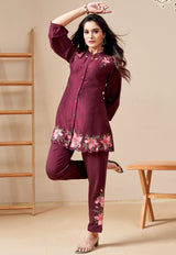 Women's Red Work Regular Fit Embroidered Three Quarter Sleeves Co-Ord Sets