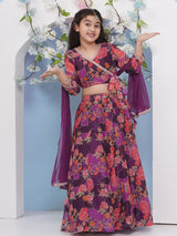 Girls Purple and Pink Ethnic Printed Three Quarter Sleeves Choli and Lehenga