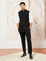 Men's Black Suiting Fabric Embossed Work Full Sleeves Nehru Jacket