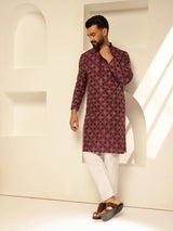Men's Maroon Cotton Silk Thread Embroidered Long Kurta with Golden Accents