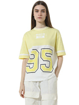Women's Yellow Knitted Casual Printed Regular Fit Half Sleeves Tshirt