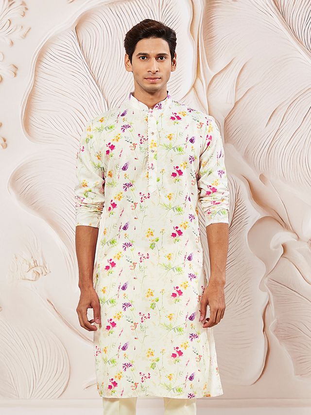 Men's White Muslin Floral Printed Kurta