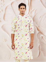 Men's White Muslin Floral Printed Kurta