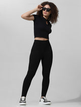 Women's Black Knitted Casual Solid Regular Fit Legging