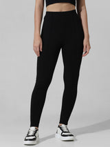 Women's Black Knitted Casual Solid Regular Fit Legging