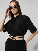 Women's Black Woven Casual Solid Cropped Half Sleeves Top