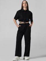 Women's Black Woven Casual Solid Cropped Half Sleeves Top