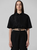 Women's Black Woven Casual Solid Cropped Half Sleeves Top