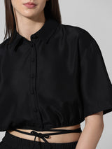 Women's Black Woven Casual Solid Cropped Half Sleeves Top