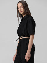 Women's Black Woven Casual Solid Cropped Half Sleeves Top