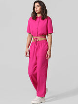 Women's Pink Woven Casual Solid Cropped Half Sleeves Shirt