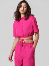 Women's Pink Woven Casual Solid Cropped Half Sleeves Shirt