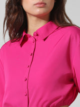 Women's Pink Woven Casual Solid Cropped Half Sleeves Shirt