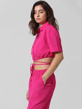 Women's Pink Woven Casual Solid Cropped Half Sleeves Shirt
