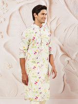 Men's White Muslin Floral Printed Kurta