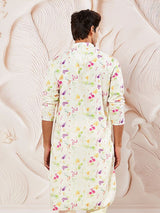 Men's White Muslin Floral Printed Kurta