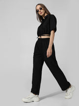 Women's Black Woven Casual Solid Regular Fit Pant