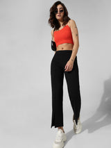 Women's Black Knitted Casual Solid Cropped Legging