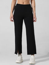 Women's Black Knitted Casual Solid Cropped Legging
