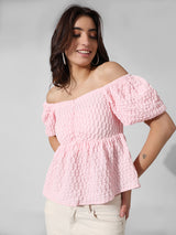Women's Pink Woven Casual Solid Cropped Half Sleeves Top