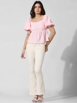 Women's Pink Woven Casual Solid Cropped Half Sleeves Top