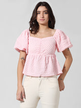 Women's Pink Woven Casual Solid Cropped Half Sleeves Top