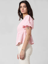 Women's Pink Woven Casual Solid Cropped Half Sleeves Top