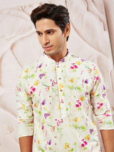 Men's White Muslin Floral Printed Kurta