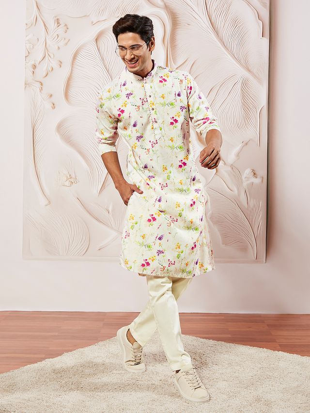 Men's White Muslin Floral Printed Kurta