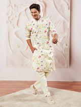 Men's White Muslin Floral Printed Kurta