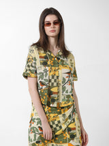 Women's Yellow Woven Casual Printed Regular Fit Half Sleeves Shirt