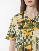 Women's Yellow Woven Casual Printed Regular Fit Half Sleeves Shirt