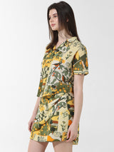 Women's Yellow Woven Casual Printed Regular Fit Half Sleeves Shirt