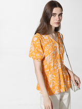 Women's Yellow Woven Casual Printed Regular Fit Half Sleeves Top