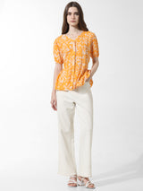 Women's Yellow Woven Casual Printed Regular Fit Half Sleeves Top