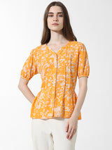 Women's Yellow Woven Casual Printed Regular Fit Half Sleeves Top