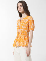 Women's Yellow Woven Casual Printed Regular Fit Half Sleeves Top