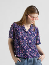 Women's Blue Woven Casual Printed Regular Fit Half Sleeves Shirt