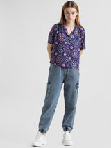 Women's Blue Woven Casual Printed Regular Fit Half Sleeves Shirt
