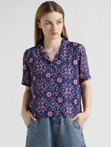Women's Blue Woven Casual Printed Regular Fit Half Sleeves Shirt
