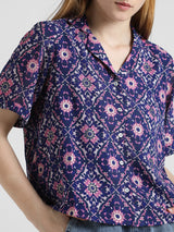 Women's Blue Woven Casual Printed Regular Fit Half Sleeves Shirt