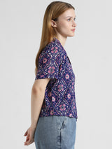 Women's Blue Woven Casual Printed Regular Fit Half Sleeves Shirt