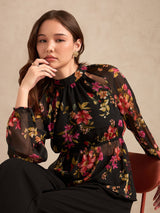 Women's Black Party Floral Full Sleeves Top