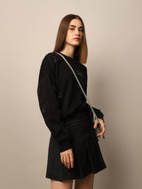 Women's Black Solid Casual Bow Emblished Sweatshirt