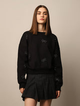 Women's Black Solid Casual Bow Emblished Sweatshirt