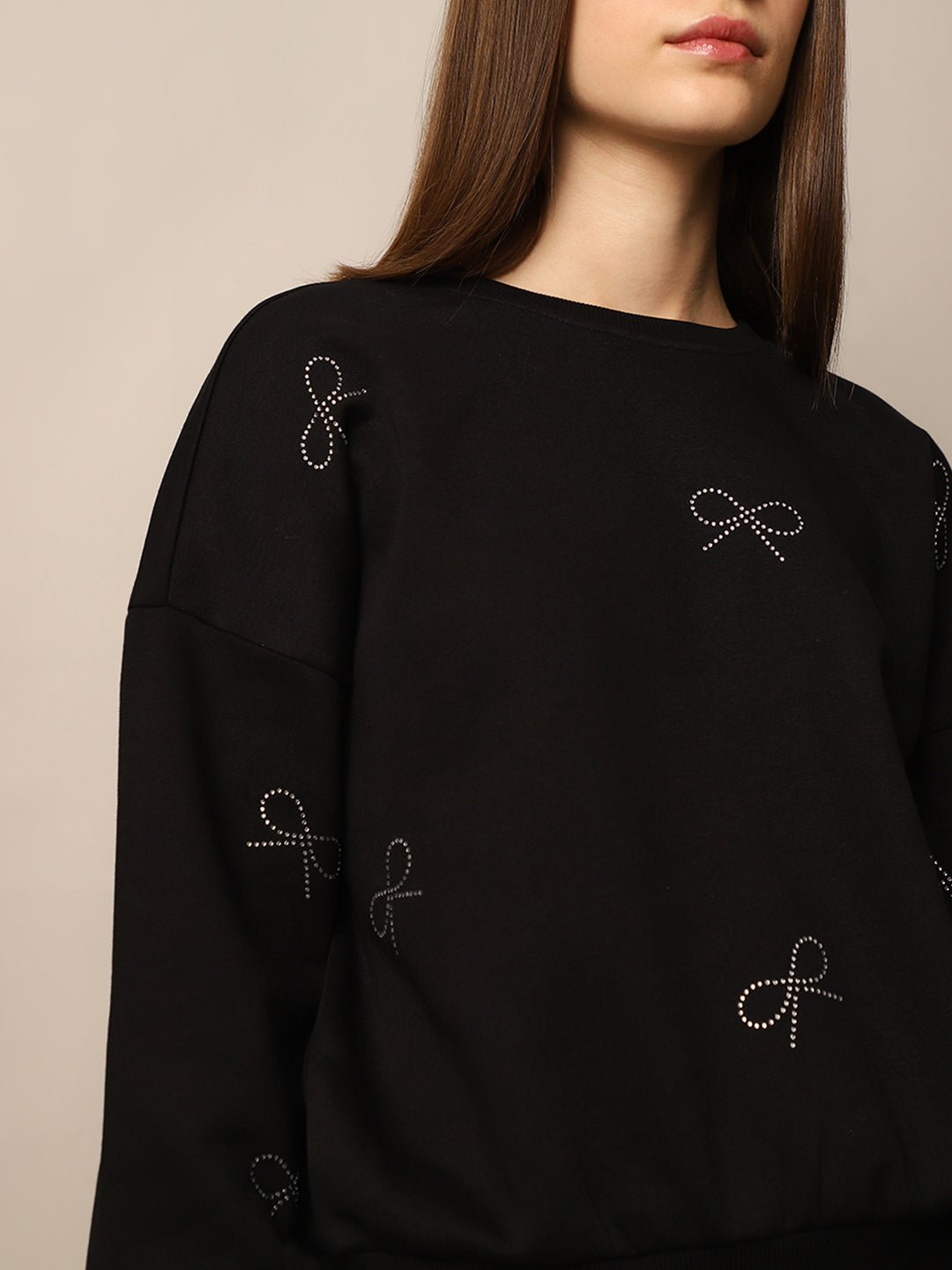 Women's Black Solid Casual Bow Emblished Sweatshirt