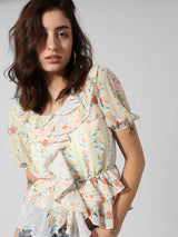 Women's White Woven Casual Printed Regular Fit Half Sleeves Top